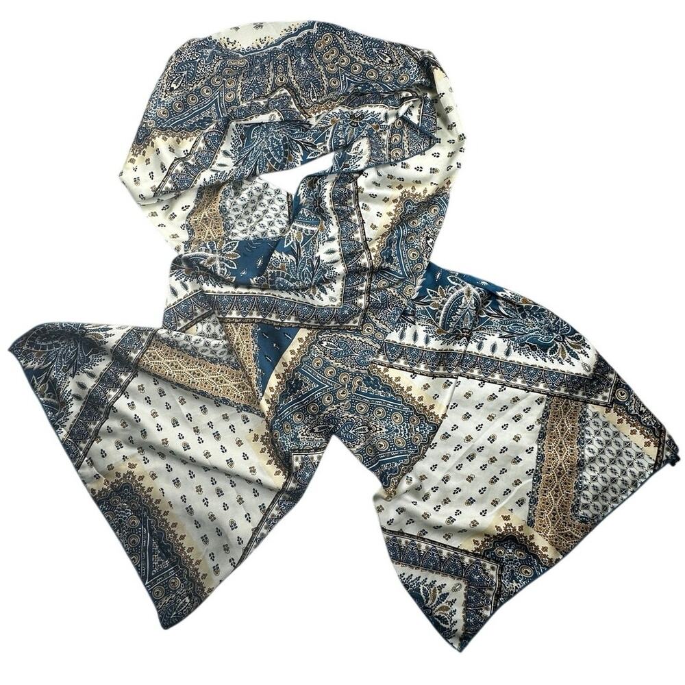Boho Paisley Geometric Print Silky Long Scarf 88x21.5 Blue Tan Cream